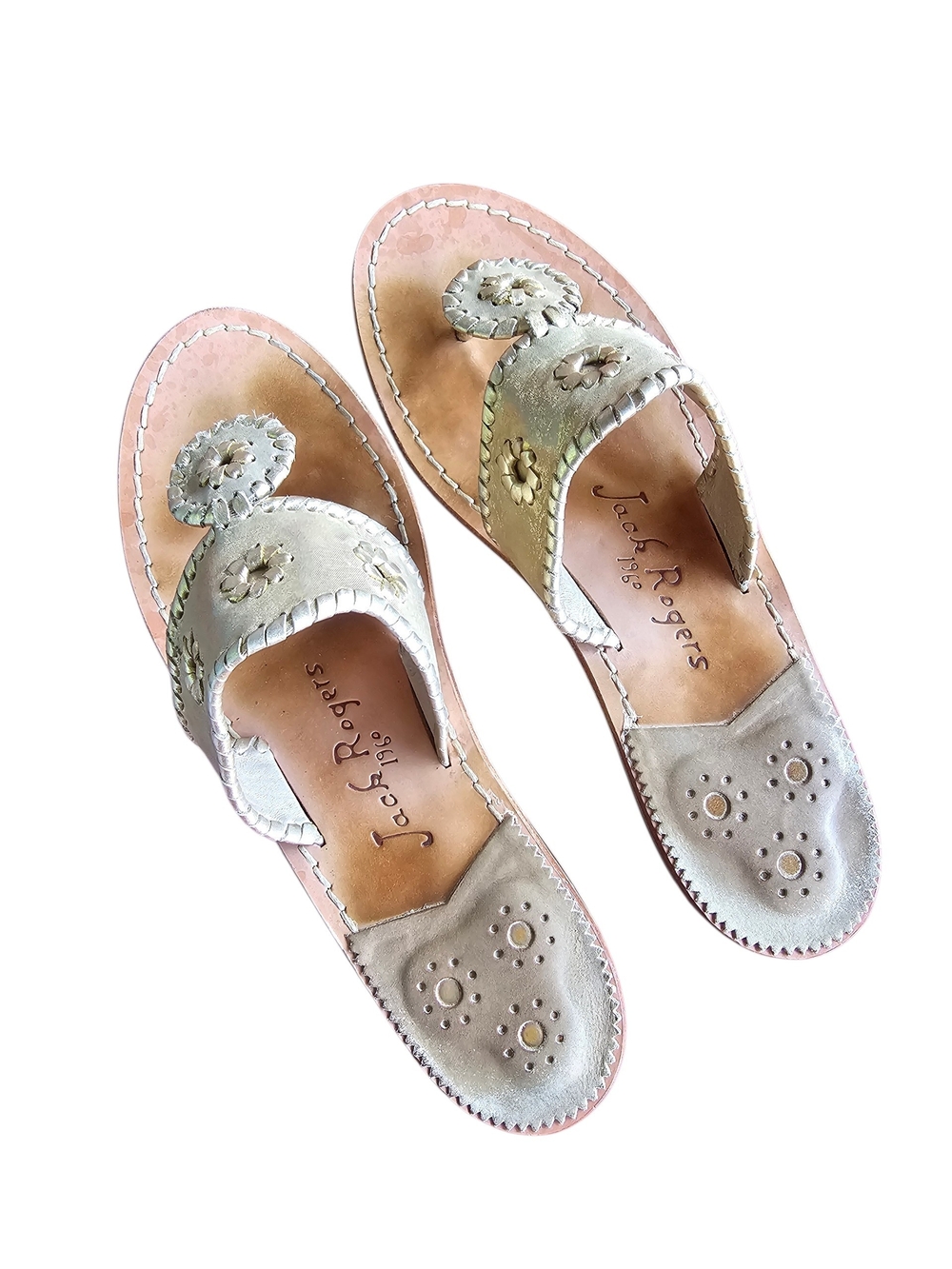 Jack Rogers Gold Leather Floral-Embellished Thong Sandals